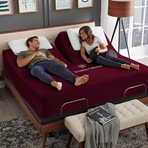 JS Sanders Collection 600TC Flex Top Queen Sheets for Sleep Number Bed - 100% Cotton 4 Pcs Top Split Queen Sheets for Adjustable Bed Queen 32 Inch Down Burgundy -18 Inch Deep