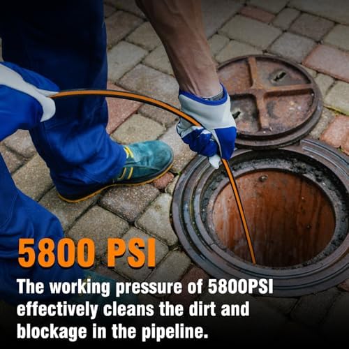 50FT Sewer Jetter Kit for Pressure Washer, 1/4" NPT Corner Drain Cleaner Hose 5800 PSI with Sewer Jetting Nozzles, Pearl Corsage Pin, Waterproof Tape, Extension Cord Organizer&2 Spanner