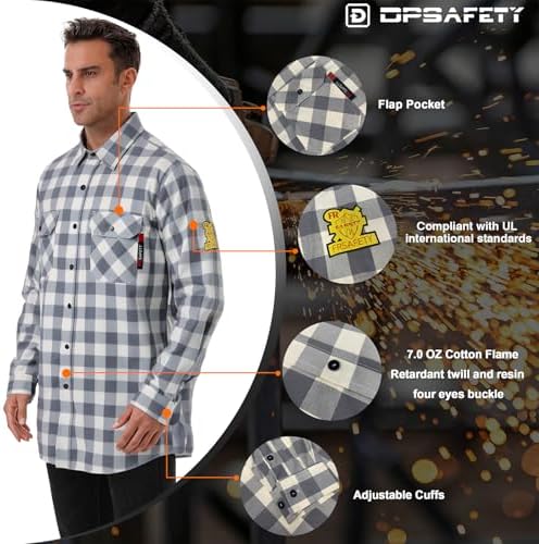 FR Shirts for Men 7oz Fire Resistant Shirts CAT2 Welding Shirt 101% Cotton Flame Resistant Shirt Grey/Plaid(4X-Large)