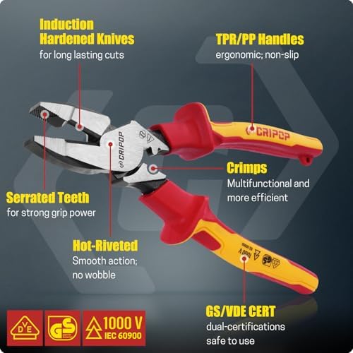 Insulated Linesmen's Pliers with Tool Storage Case, 9 Inch 1000V Insulated Electrician Combination Pliers Multipurpose Lineman Plier with Wire Cutter/Crimper