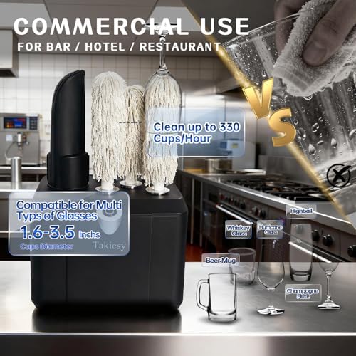 Commercial Glass Polisher Machine with 6 Microfiber Brushes, 330 Cups/Hour, 136℉ Warm Air Drying & LFGB Certified Heads, Build for Wine Beer Glasses in Bar Restaurant Hotel