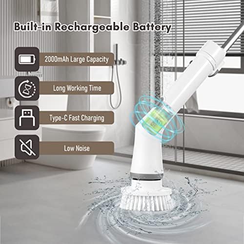 Electric Spin Scrubber Handheld Cordless Electric Cleaning Brush Electric Spin Cleaner 2 Speeds Adjustable with Extension Rod 6 Replaceable Brush Heads for Bathroom Bathtub Toilet Wall Tile Flo