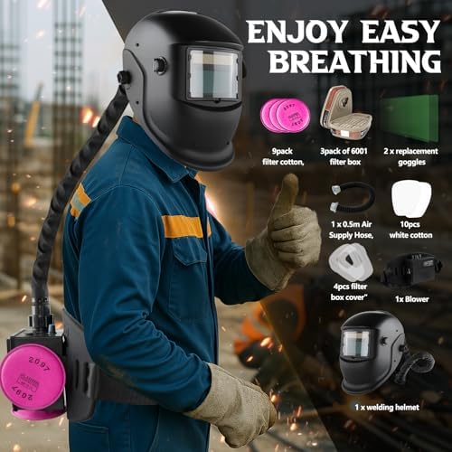 Welding Helmet Auto Darkening with Air Fed System, Powered Air Purifying Respirator (PAPR) True Color Welding Mask, Upgraded Arc Sensor 4/9-13 for TIG MIG ARC Welding Mask
