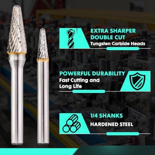 10 PCS 1/4" Shank Tungsten Carbide Burr Set Double Cut for Metal Grinding, Deburring Die Grinder Bits Fit Dewalt Milwaukee Die Grinders Accessories 4PC Screw Extractor Set