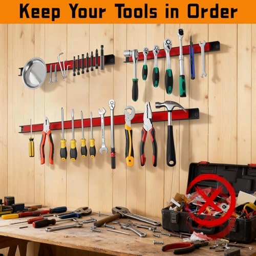 24" Magnetic Tool Holder Strip, 6 Pieces Red Metal Tool Organizer Rack with Stainless Steel Surface, Magnet Bar for Garage Workshop, Easy To Install with Mounting Screws