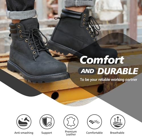 Steel Toe Work Boots for Men, 6-Inch Non Slip Comfortable Leather Waterproof Industrial Construction Safety Workboots