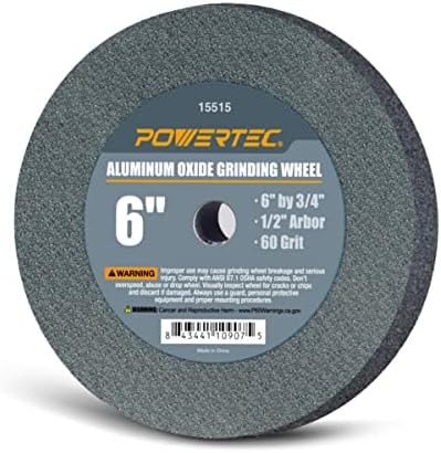 POWERTEC Bench Grinder Wheel 6 Inch 60 Grit, Aluminum Oxide Grinding Wheel for Bench Pedestal Grinder, 3/4" Thick 1/2" Arbor, Sharpening & Shaping Drill Bits, Blade, and Chisel 1PK (15515V)