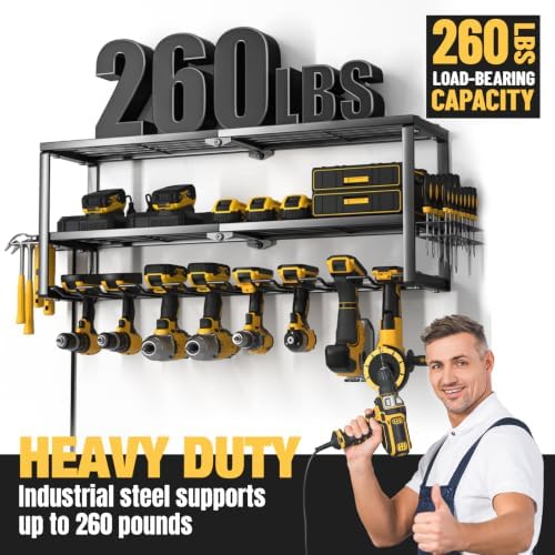 YYR Heavy Duty Power Tool Organizer with Charging Station, Cordless Drill Hanger Storage Rack, Battery Tools Holder Wall Mount Shelf for Garage - 32 Inch Equipped with Surge Protection Power Strip