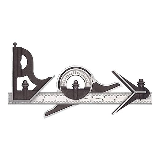 Starrett Combination Set with Square, Center and Non-Reversible Protractor Head and Blade - 12" Blade Length, Hardened Steel, 4R Graduation Type - 9-12-4R