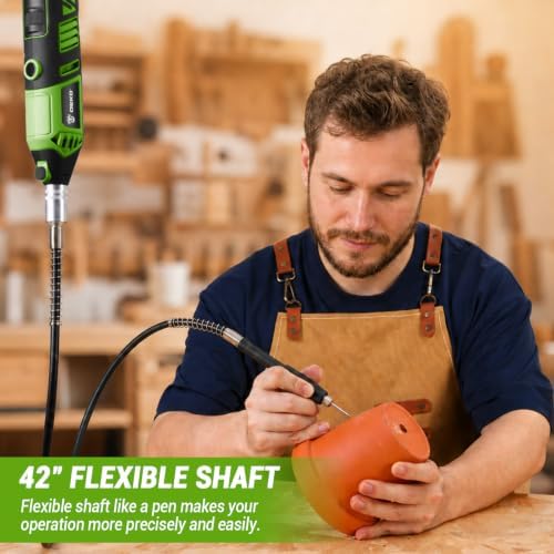 DEKOPRO Rotary Tool Kit, 1.5-Amp Corded Power Rotary Tools with 42" Flex Shaft, 6 Variable Speed, 8,000-35,000 RPM, 129 Pcs Accessories Kit for Cutting, Sanding, Grinding, Carving & DIY Projects Green
