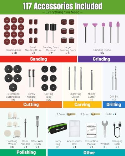 PHALANX Cordless Rotary Tool Kit | 5,000-30,000 RPM/5 Speed, 8V Engraving Pen with 117 Accessories, USB-C, LED Light for 3D Printer Sanding, Polishing, Engraving, Wood Carving, DIY Crafts