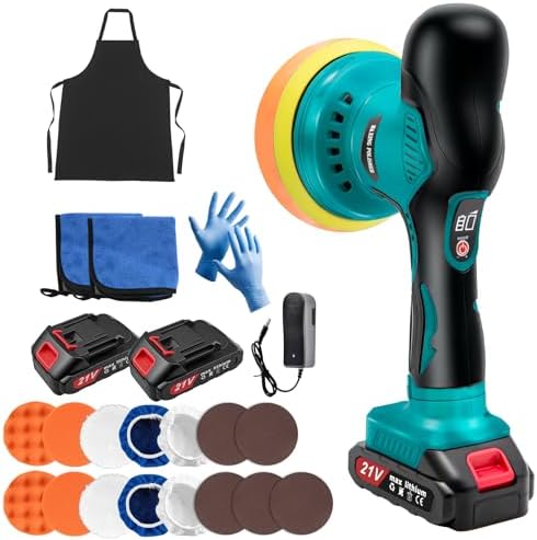 Cordless Car Buffer Polisher Kit with 2x21V Batteries, 6 Inch Car Polisher with 8 Variable Speed Max 6000RPM & 21 PCS Attachments, Buffer Polisher for Car Detailing, Sanding, Scratch Removing
