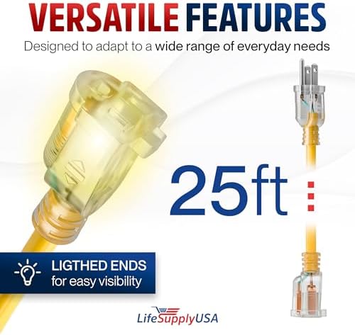 25ft Outdoor/Indoor Extension Cord 14/3 Gauge Heavy Duty 3 Prong SJTW, Waterproof, Flexible Cold-Resistant Long Power Cord,15A 125V 1625 W, Yellow by LifeSupplyUSA