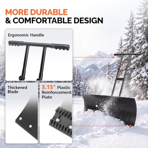 VINGLI 36‑Inch Snow Pusher with Wheels, Metal Snow Shovel for Driveway
