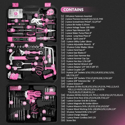 KingTool 276-Piece Tool Set Kit with 12V Cordless Power Drill (Pink)