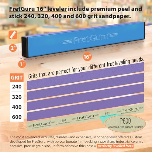 FretGuru Sanding Beam Fret Leveler (16" ~400mm) Professional guitar luthier leveling file includes 240, 320, 400, 600 Grit Advanced Film -Backed Ceramic Sandpaper naphtha based adhesive remover wipes