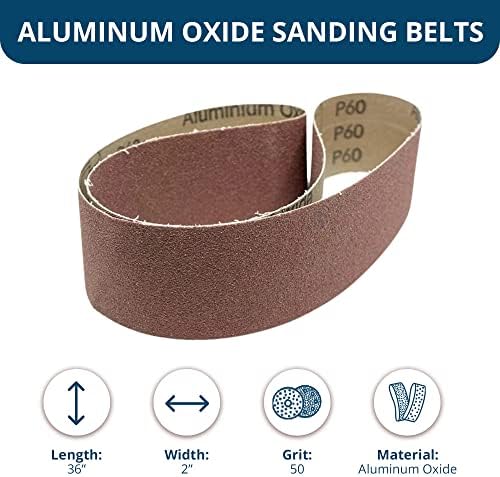 Benchmark Abrasives 2" x 36" Aluminum Oxide Sanding Belts for Grinding Deburring Polishing Rust Removal on Metal, Stainless Steel, and Carbon Steel, Use with Belt Disc Sander (6 Pack) - (50 Grit)
