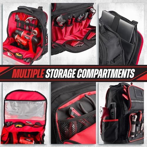 Tool Backpack Heavy Duty Tool Bag with Laptop Sleeve, USB Charging Port, Side Pouches, Multi Pockets and Rubber Base - Electrician, Handyman, Construction, Carpentry Work or Jobsite Tote by Stalwart