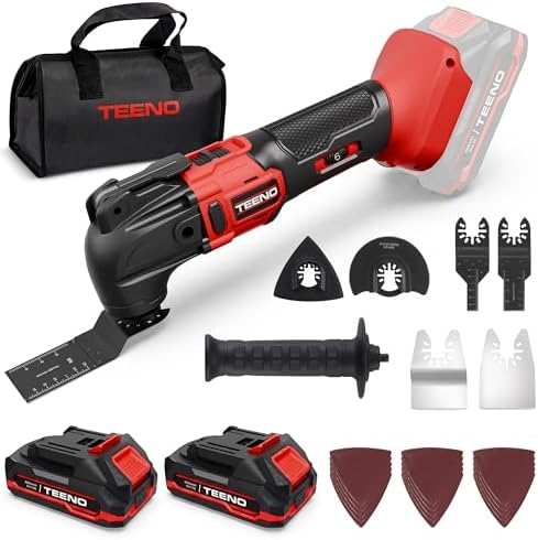 TEENO 20V Cordless Oscillating Tool with 2 Batteries, 4° Oscillation Angle Oscillating Saw, 6 Variable Speeds with Quick-Lock Change System, 26PCS Multitool Blades & Carrying Bag for DIY Projects