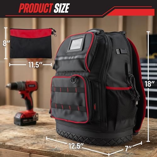 Tool Backpack Heavy Duty Tool Bag with Laptop Sleeve, USB Charging Port, Side Pouches, Multi Pockets and Rubber Base - Electrician, Handyman, Construction, Carpentry Work or Jobsite Tote by Stalwart