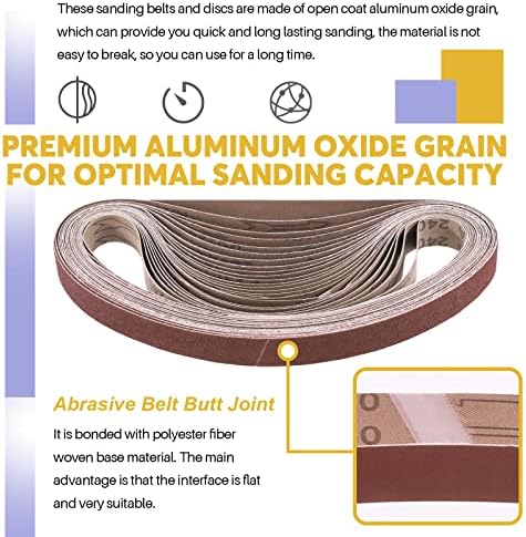 Swpeet 49Pcs 1 x 30 Inch Aluminum Oxide Sanding Belts (60/80/120/150/240/400 Grits) with 5 Inch No-hole Back Flocking Sanding Disc (80/100/120/180/240/400 Grits) and Cleaning Eraser