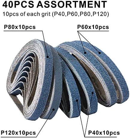 3/8 x 13 Inch Zirconia Sanding Belts, 40PCS Assorted Grits (#40/#60/#80/#120), for Metal Polishing, Rust Removal, and Woodworking