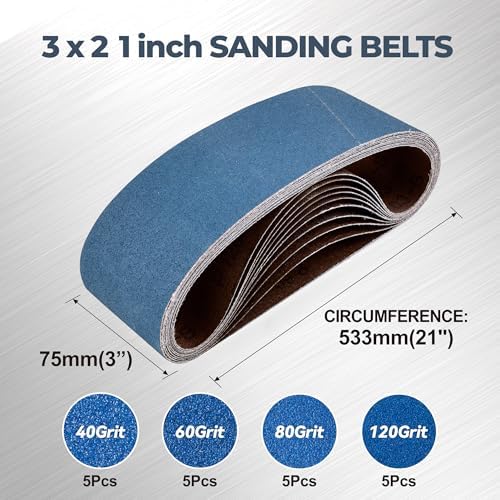 3 x 21 Inch Zirconia Sanding Belts, 20Pcs 5 Each of 40/60/80/120 Grits