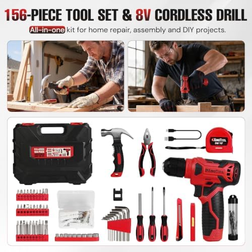 KingTool 156-Piece Red Tool Kit, 8V Cordless Drill for Home Repairs & DIY