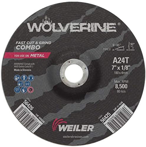 Weiler 56426 Wolverine Type 27 Cut and Grind Combo Wheel, A24T, 7/8" AH, 7" x 1/8", Aluminum Oxide, 7" Diameter (Pack of 25)