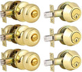 3 Pack Polished Brass Round Style Entry Door Knobs and Deadbolt Combination Set, Keyed Alike Double Cylinder Deadbolt Door Lock Set