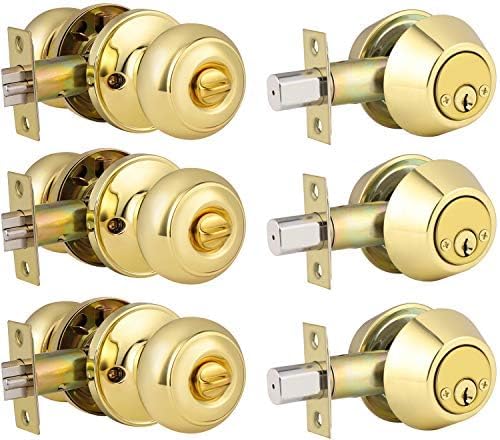 3 Pack Polished Brass Round Style Entry Door Knobs and Deadbolt Combination Set, Keyed Alike Double Cylinder Deadbolt Door Lock Set