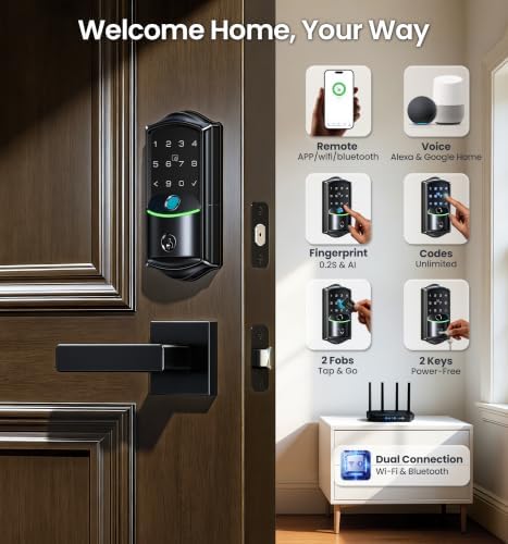 Veise VE027-L WiFi Smart Lock with Handles Set for Front Door, Matte Black | Remote APP Control, Fingerprint Voice & Fob Unlock, Touchscreen Keyless Entry Door Lock with Lever, No Hub Need, Auto Lock