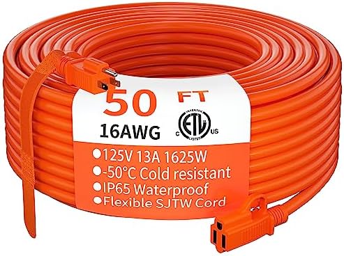 HUANCHAIN Indoor Outdoor Orange Extension Cord 50 FT Waterproof 16/3 Gauge