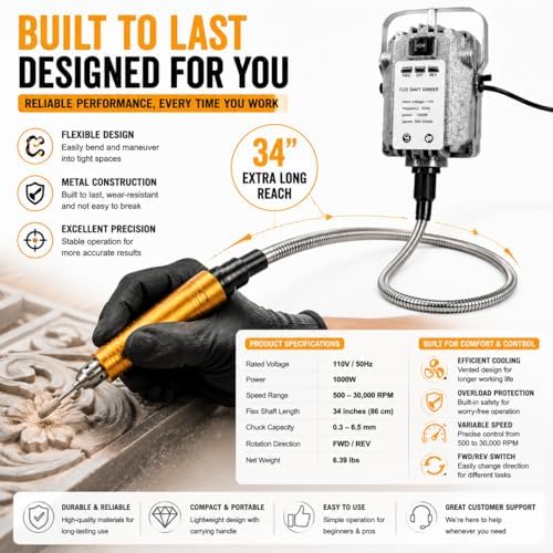 1000W Flex Shaft Grinder, 30000RPM Flex Shaft Rotary Tool with Foot Pedal, Variable Speed Hanging Carver, Metal Flex Shaft, Forward/Reverse for Jewelry Wood Metal