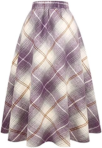 IDEALSANXUN Womens Plaid Wool Skirts Elastic Waist A-Line Pleated Tartan Long Skirts