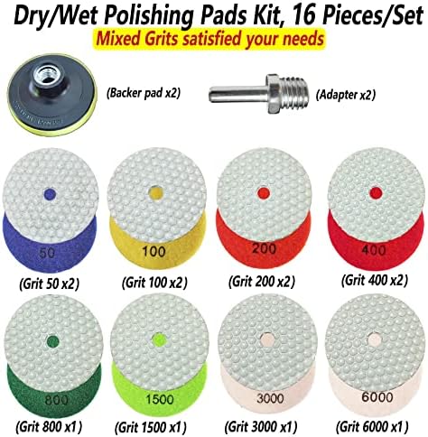 16 Packs Dry Diamond Polishing Pads Set, 4 Inch Dry/Wet Granite Bufffing Pad for Marble Quartz Concrete Stone Tiles - High Temperature Resistance Sanding Kit for Grinder Polisher Drill