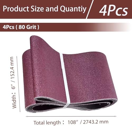 6 x 108 Inch, 4Pcs 80 Grit Sanding Belts, Aluminum Oxide Abrasive Belts with Butt Joint for Wood & Metal Sanding/Polishingr (4, 6x108 In-80Grit)