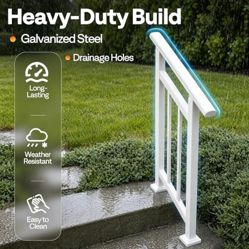 Hand Rails for Outdoor Steps，Stair Handrail & Indoor Stair Railing Kit，Railings for Outdoor Steps for Fence & Outdoor Steps (2, White-with Balusters, 2 Step)