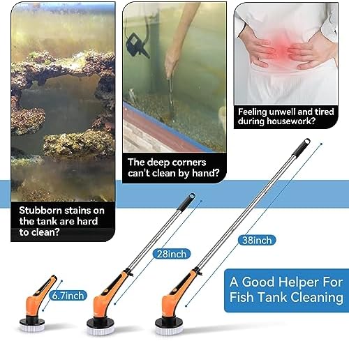 hygger IPX8 Electric Aquarium Cleaning Brushes, Rechargeable Cleaner Tools Kit with 6 Replaceable Clean Spin Brush Heads Cordless Use 2 Speeds Adjustable Handle for Dog House Outdoor/Cat Litter Boxes
