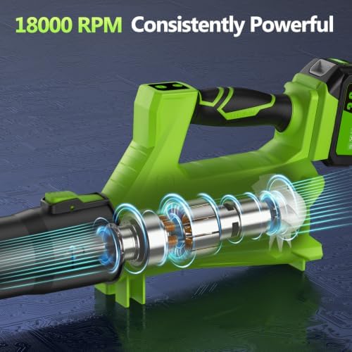 Leaf Blower Cordless with 2 x 3.0Ah Battery and Charger, 680CFM 260MPH Electric Blower with 2 Speeds, 20V Handheld Leaf Blower for Lawn Care, Blowing Leaves, Dust, Snow, Gravel for Patio, Yard, Green
