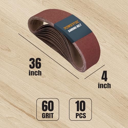 POWERTEC 10PK 4x36 Sanding Belts, 60 Grit Aluminum Oxide, 4 x 36 Inch Sanding Belts for Benchtop Belt and Disc Sander, Belt Sandpaper, Woodworking, Metalworking, Paint, Rust Removal (110630)