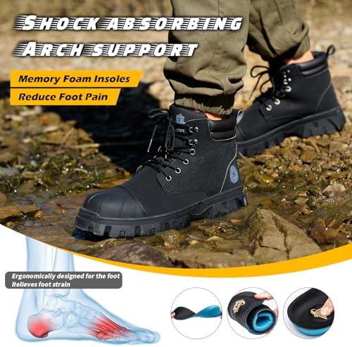 KELODON Waterproof Steel Toe Boots For Men 6 Inch Leather Steel Toe Shoes Non Slip Resistant Safety Work Boots Indestructible Lightweight Construction Boot