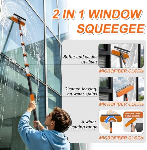 Buyplus 30FT Reach Solar Panel Cleaning Brush Kit with 5-24FT Telescoping Pole, Water Fed Window Cleaner Tool with 20" Brush, Soap Dispenser, Cobweb Duster, Squeegee for Roof, RV, Gutter, Deck,Orange