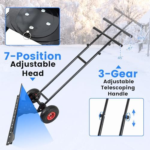 DORTALA Snow Shovel with Wheels, 36” Wide Heavy-Duty Metal Snow Pusher with 7-Position Angled Blade, Adjustable Height Anti-Slip Handle for Double Driveway, Sidewalk, Black