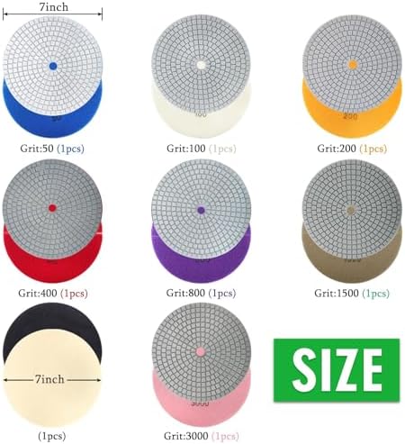 8PCS Diamond Polishing Pads 7 Inch, Wet/Dry Concrete Polish Tools Kit for Drill, Grinder, Polisher, 50-3000 Grit Polishing Set for Marble Granite Quartz Stone