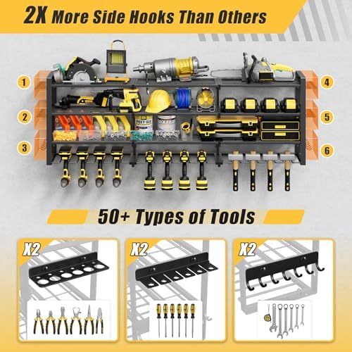 49''W Power Tool Organizer Wall Mount, 650LBS, 4 Tier, 12 Drill Holders
