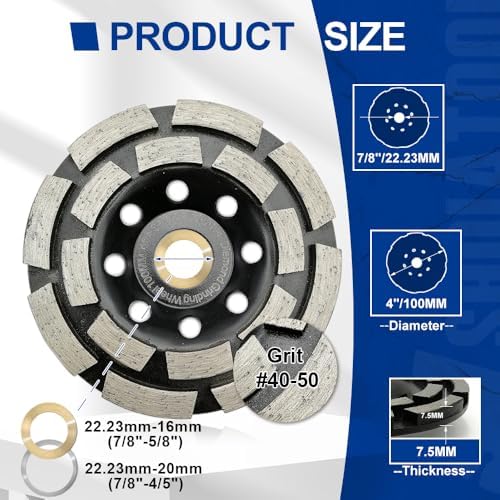 SHDIATOOL 4 Inch Double Row Diamond Grinding Cup Wheel for Concrete Granite Marble Masonry Brick Fits 5/8 Inch Arbor