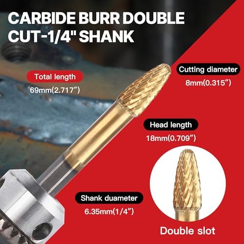 HUHAO Tungsten Carbide Rotary Burr Bit, Double Cut Carbide Burr 1/4" Shank Die Grinder Cutting Burrs Bit for Metal Working & Sturdy