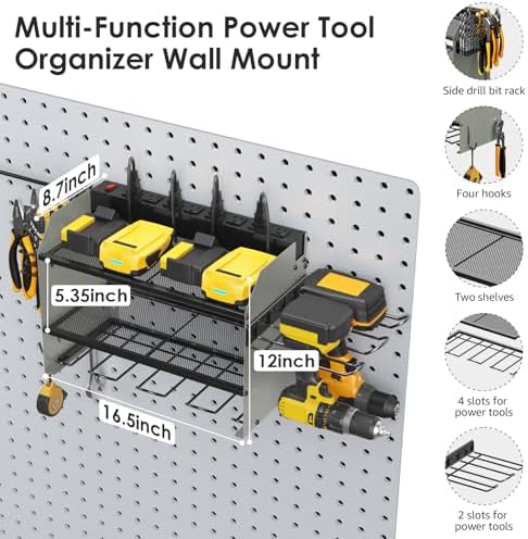 CCCEI Modular Power Tool Organizer Wall Mount Charging Station, Grey 6 Drills Holder with 8 Plug Power Strip 10FT, Garage Drill Battery Heavy Duty Metal Shelf, Utility Rack with Hooks, Side Storage.