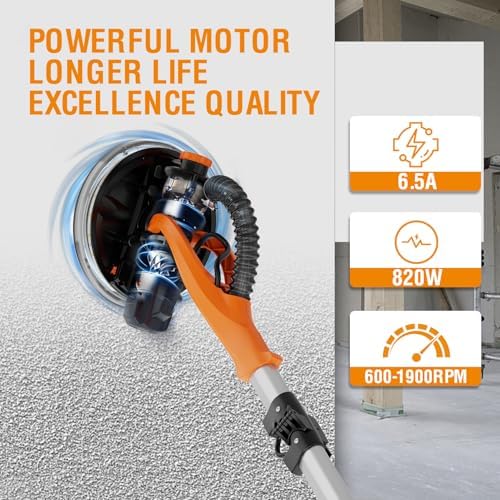 MAXXT Drywall Sander with Vacuum Dust Collection, Popcorn Ceiling Removal Tool, 6 Variable Speed Foldable Telescopic Electric WallSander, 600-1900RPM Power Sander Tool, LED Light, 18Pcs Sanding Discs